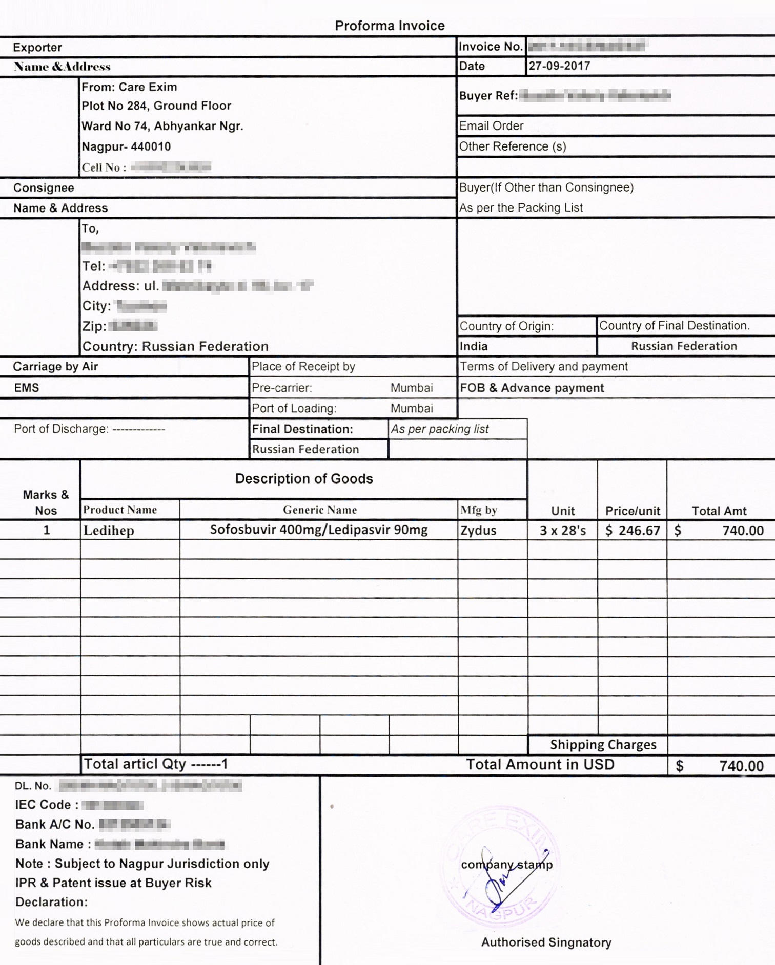 Инвойс по моему заказу, общая стоимость которого составила 740 $ (56 000 ₽ по нынешнему курсу)