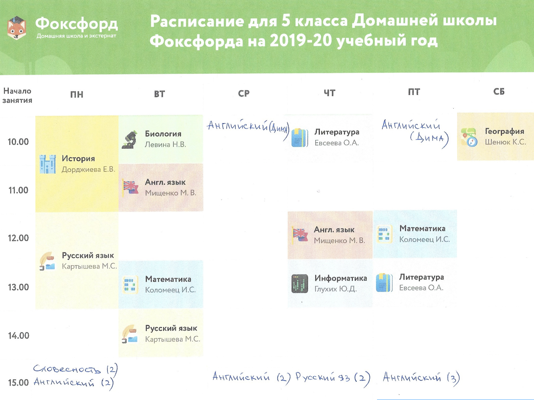 Это расписание дочери. Она выбрала гуманитарный маршрут. Ручкой вписали дополнительные занятия и репетитора по английскому, чтобы сразу видеть всю нагрузку