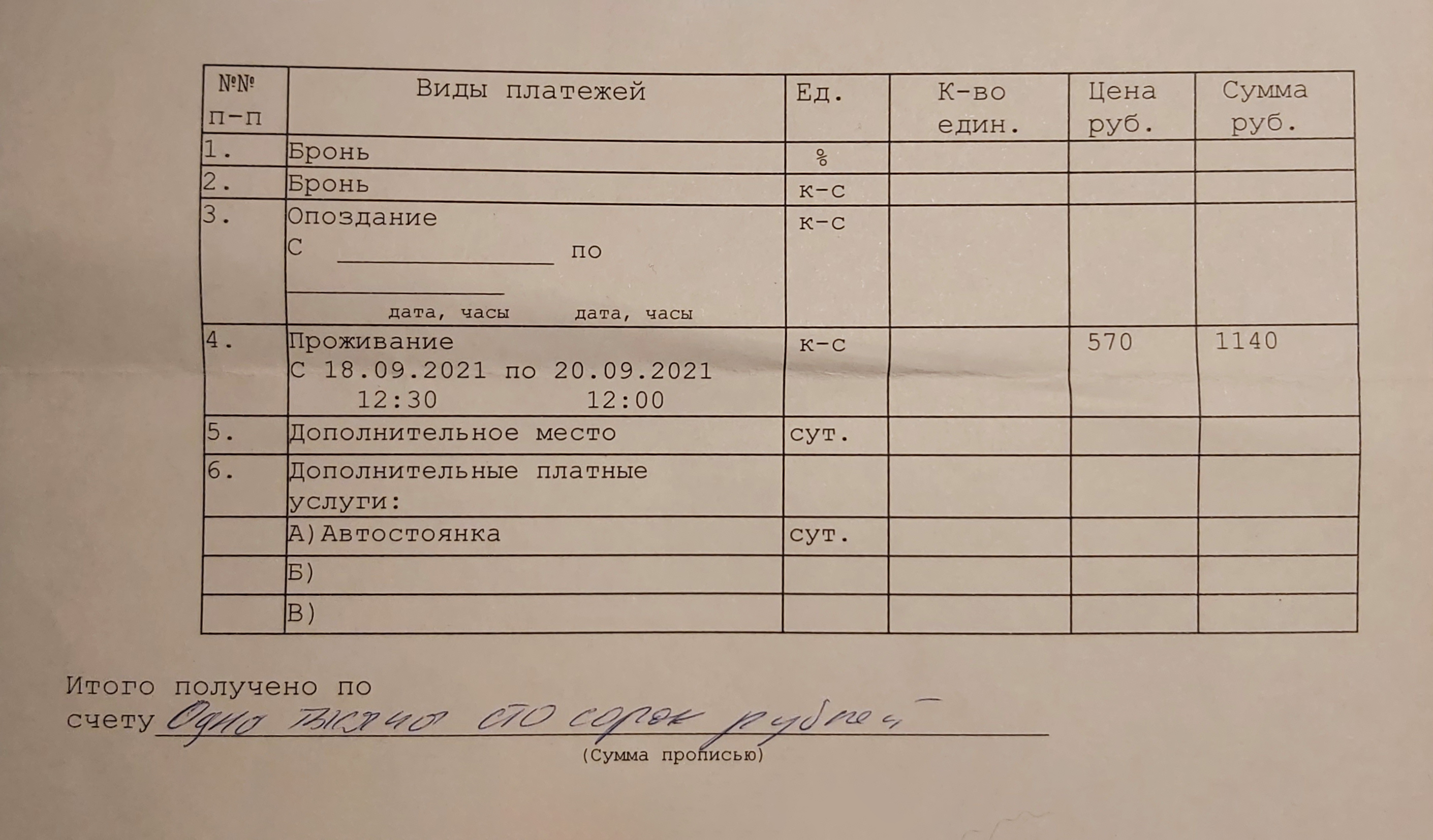 Моя квитанция из «Оранж-хостела» — я прожил там две ночи и заплатил 1140 ₽, никаких доплат не было