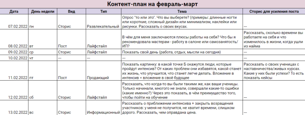 Вот так выглядит контент-план для постов и сторис