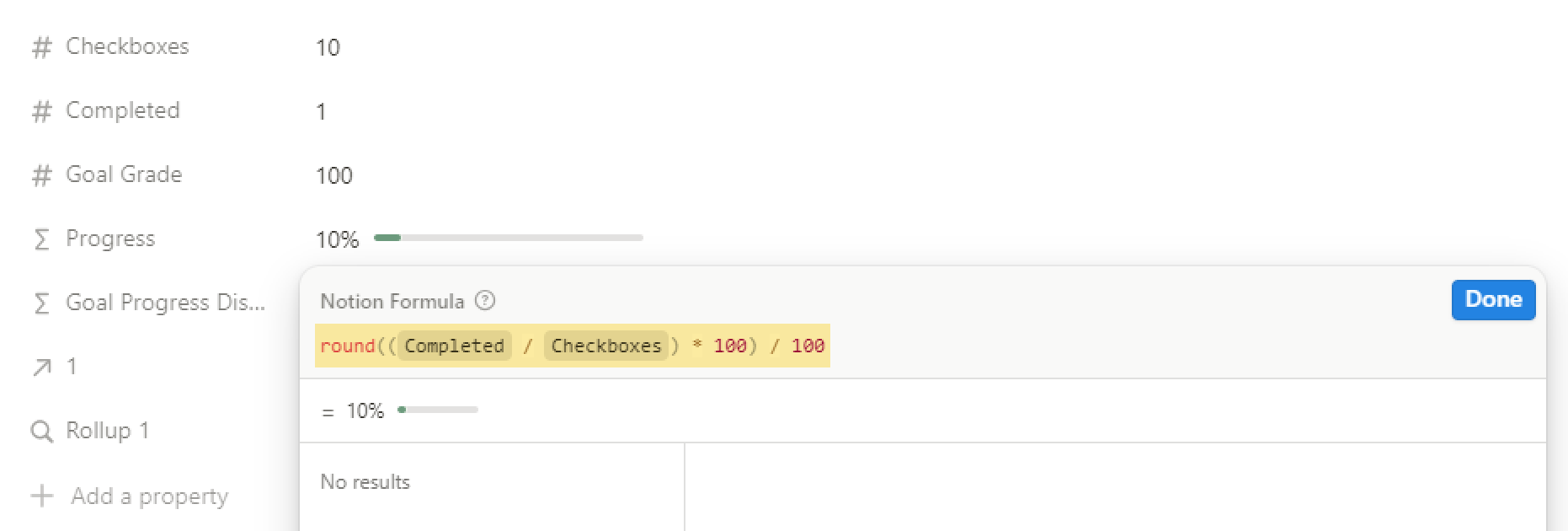 Вариант формулы для подсчета и отображения прогресса. Самое простое — взять формулу из готового шаблона, но если вы захотите узнать, как делать свои, посмотрите видео автора телеграм-канала «Мария о Notion»