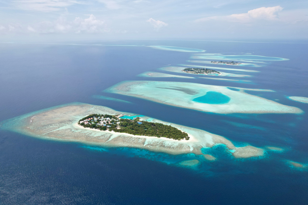 Вид на остров Thinadhoo. Слева расположена деревня и отель, справа — пальмовый лес, который ежедневно расчищают