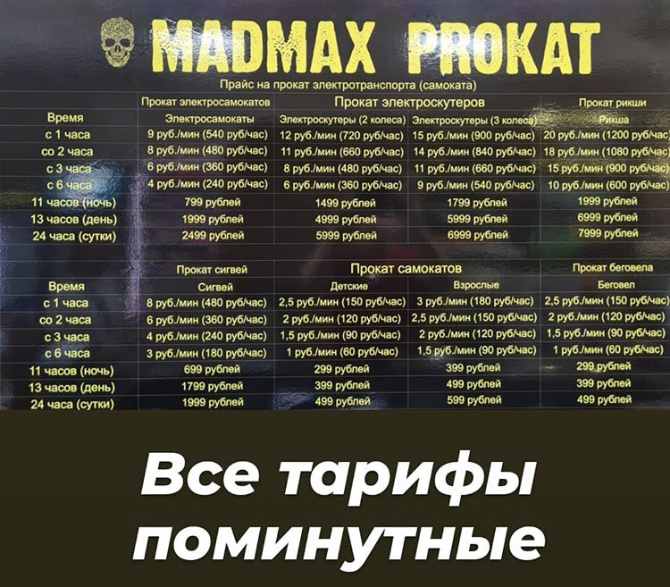 Стоимость проката в пунктах Madmax в Рязани