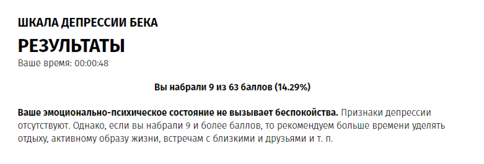 Мои актуальные результаты теста на уровень депрессии по шкале Бека. Тест показал: депрессия ушла, с моим настроением наконец⁠-⁠то все в порядке