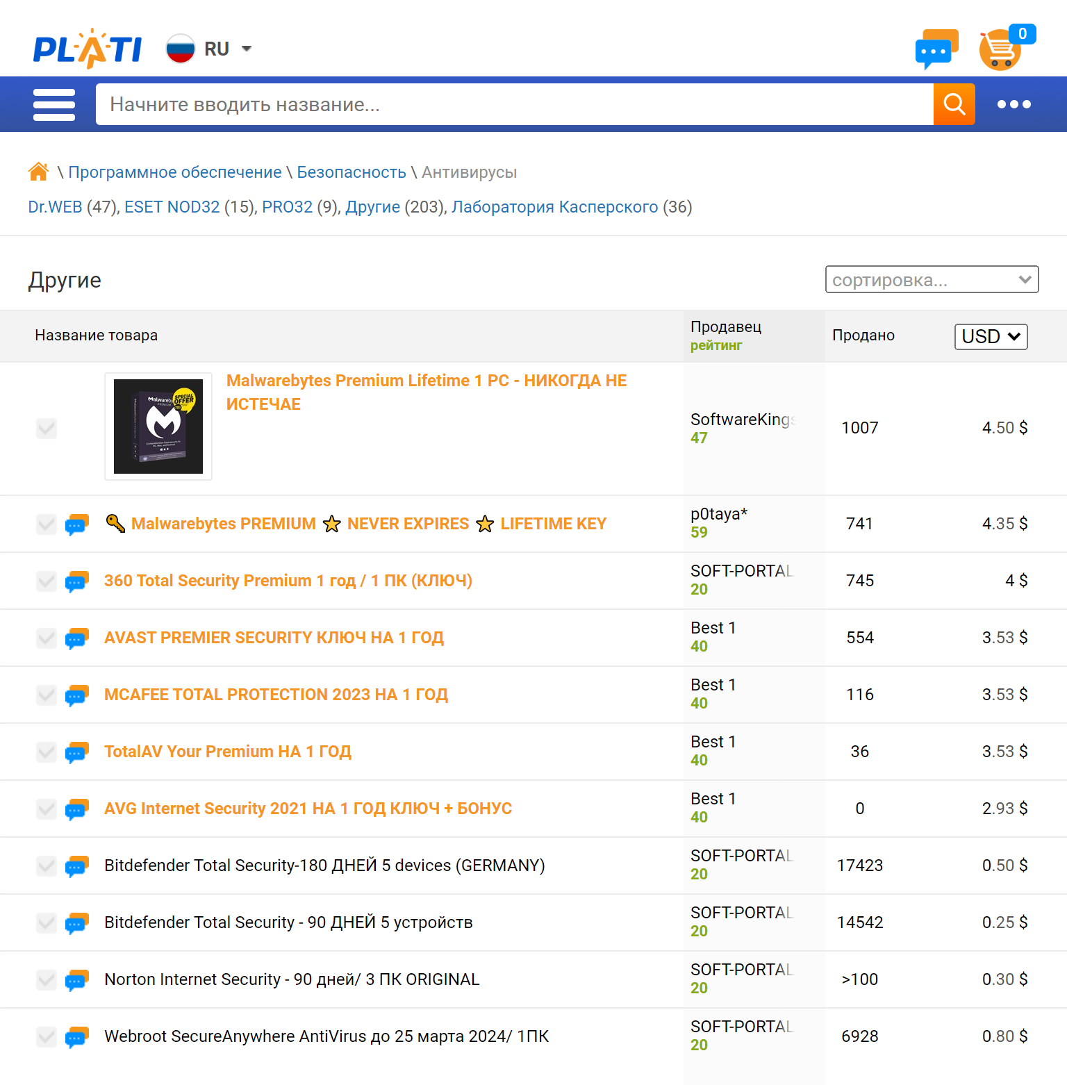 На площадке сотни предложений по продаже ключей к антивирусам, в том числе ушедшим из России. Источник: plati.market