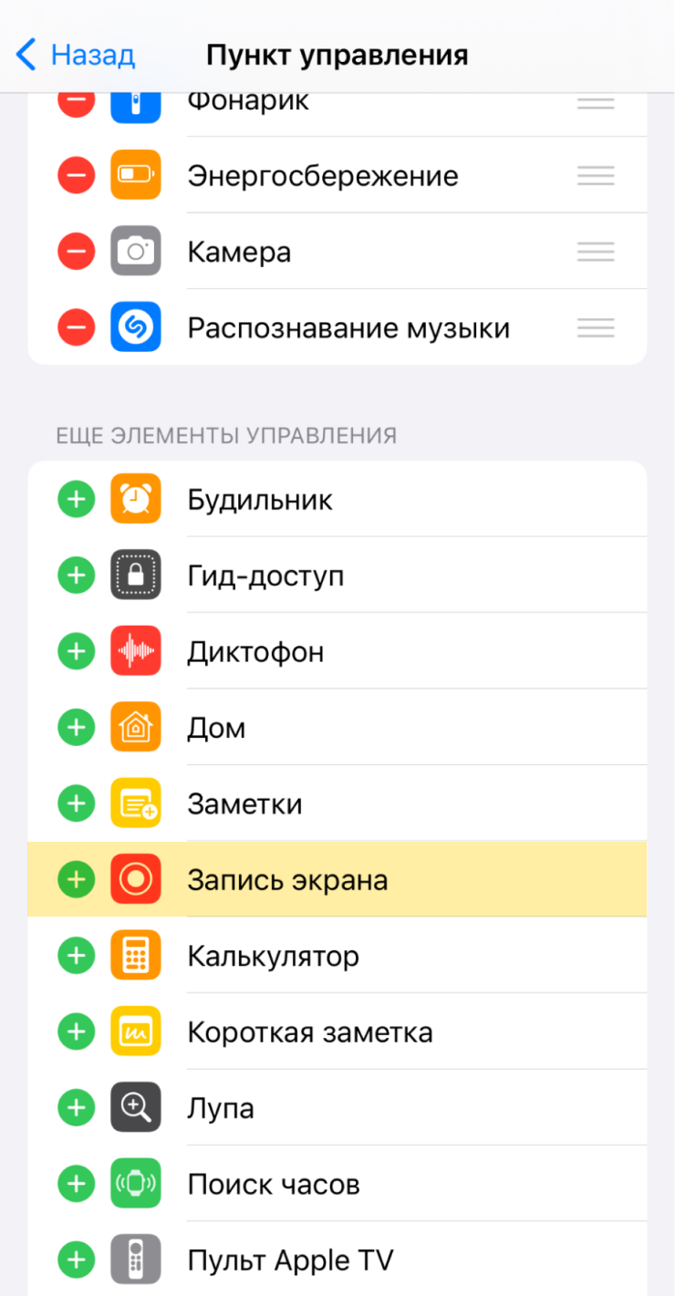 Нажмите на значок плюса возле элемента «Запись экрана»