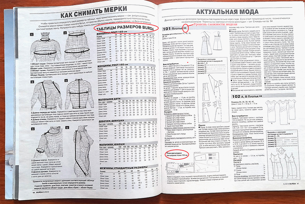 В каждом печатном журнале Burda есть инструкция, как снимать мерки и как подобрать свой размер. Каждой модели присваивается уровень сложности. Также есть план раскладки выкройки на ткани и описание всего процесса пошива