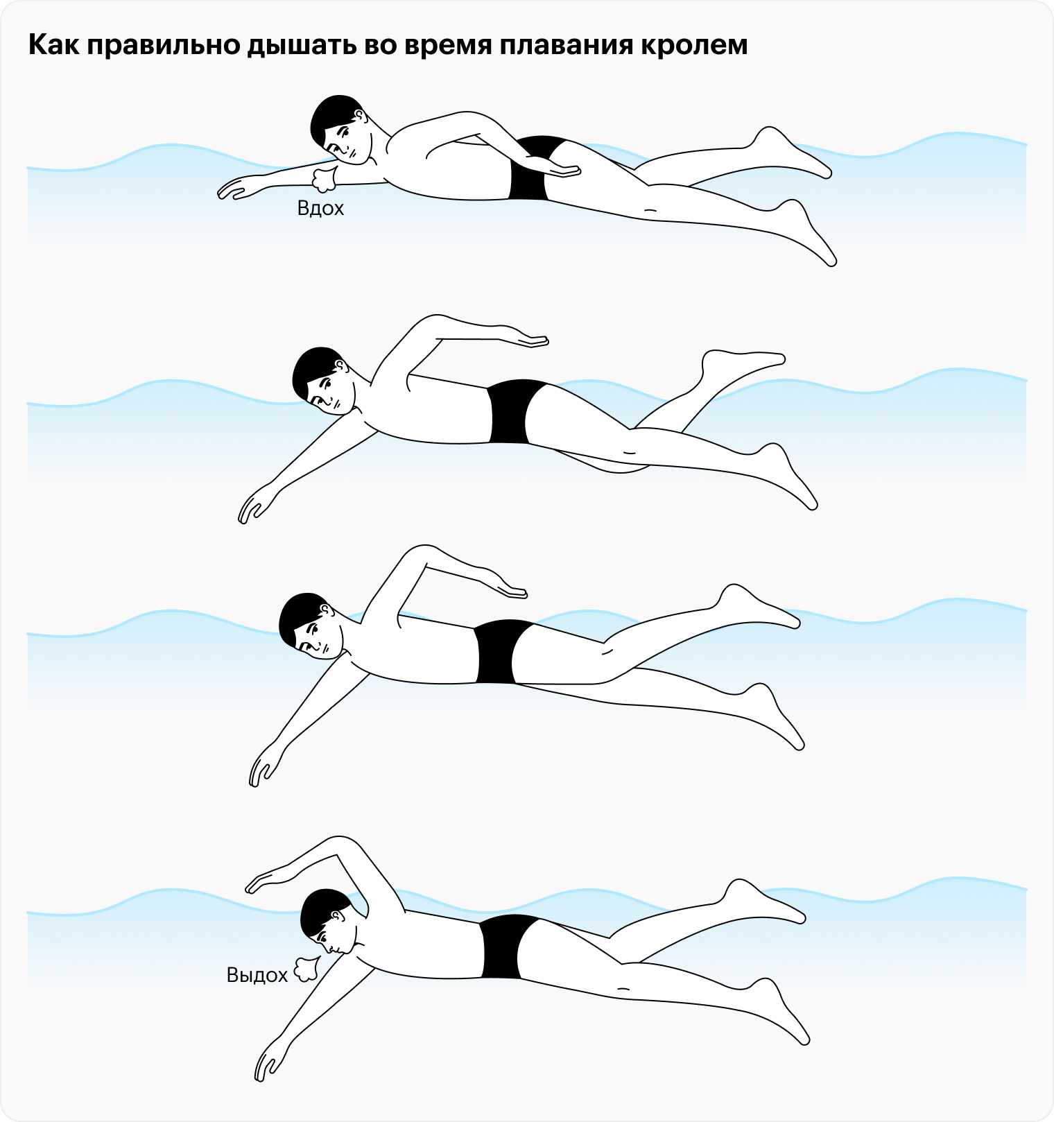 При вдохе голова немного приподнимается над поверхностью воды в сторону руки, которая оказалась сзади после гребка. Выдох выполняется через нос и рот в воду, когда совершается следующий гребок. Важно вернуть голову в исходное положение до того, как рука закончит цикл движения