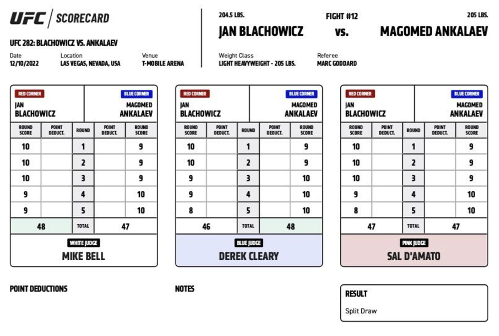 Решение арбитров в поединке россиянина Магомеда Анкалаева и поляка Яна Блаховича на турнире UFC 282. Вердикт судей — ничья раздельным решением. Источник: ufc.com