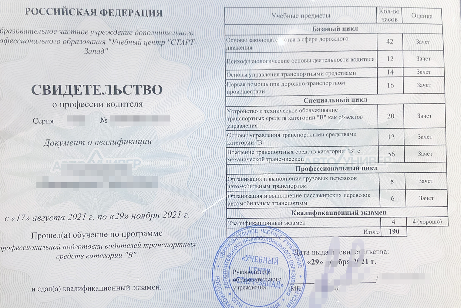 После окончания автошколы мне выдали свидетельство о профессии водителя