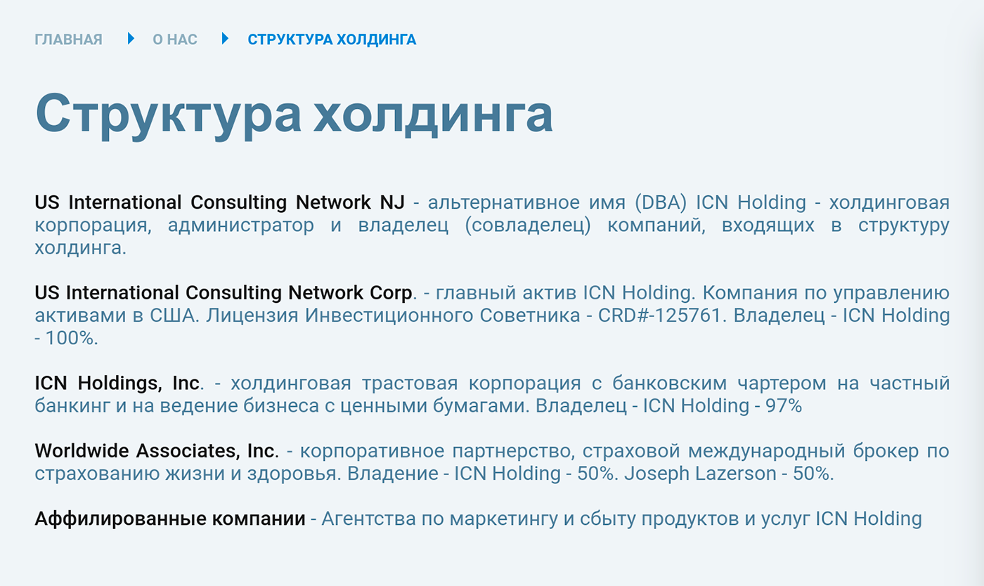 Изобилие компаний на сайте ICN создает ощущение международного холдинга