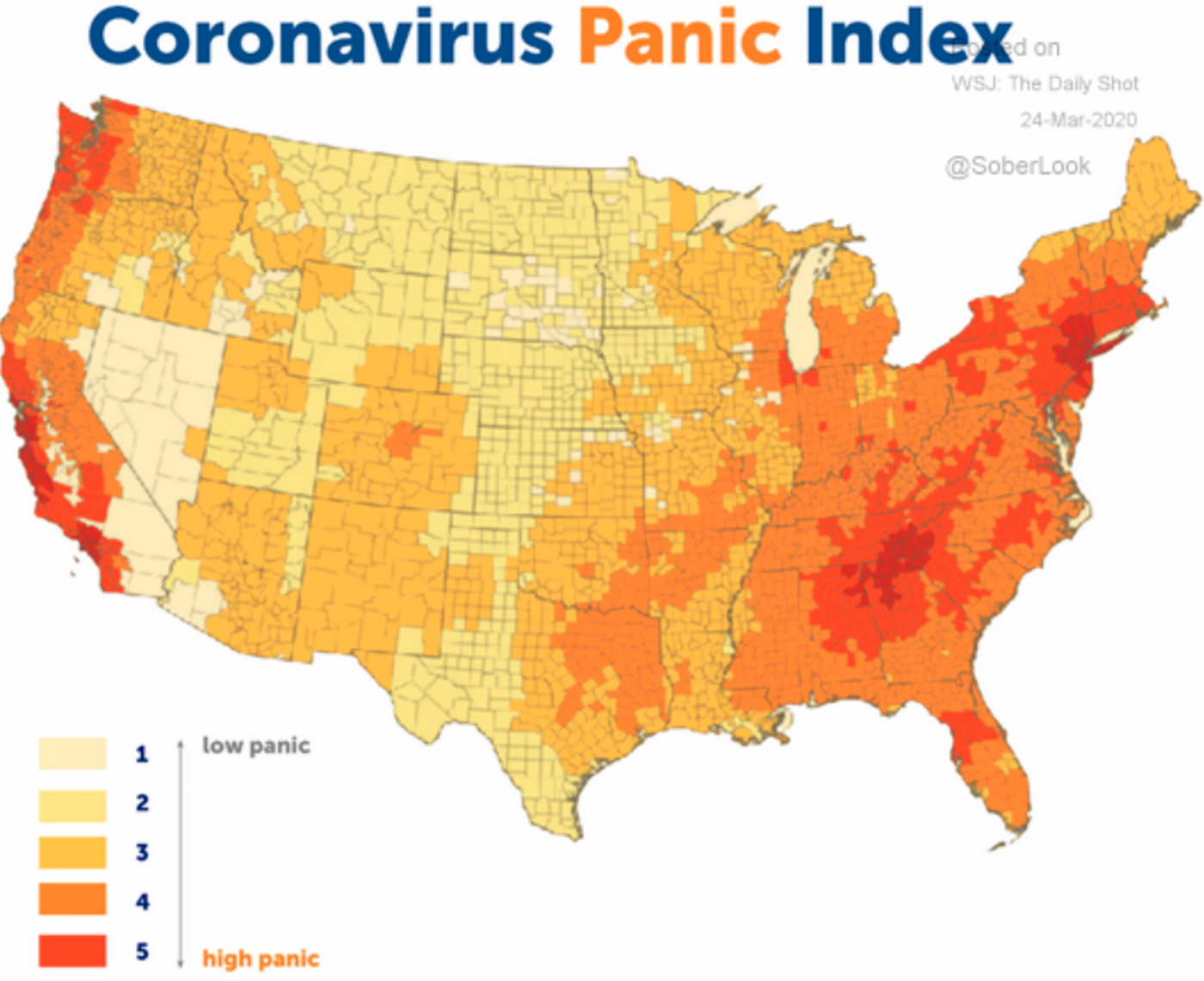 Индекс коронавирусной паники в разных штатах США: 0 — низкий уровень, 100 — очень высокий. Источник: Cognovi Labs
