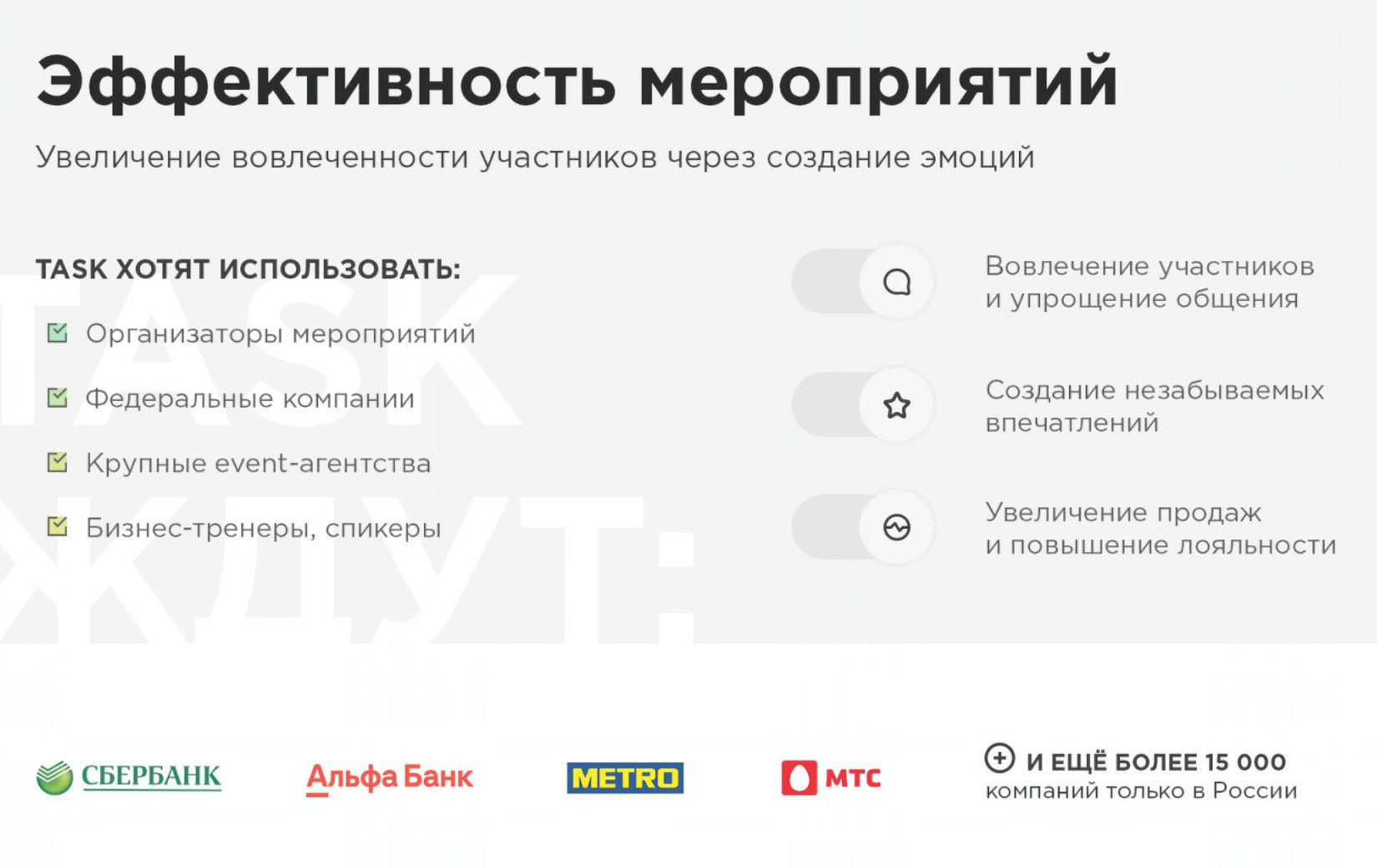 Если верить презентации, сервис, которого еще нет, уже хотят использовать 15 тысяч компаний, в том числе Сбербанк и МТС