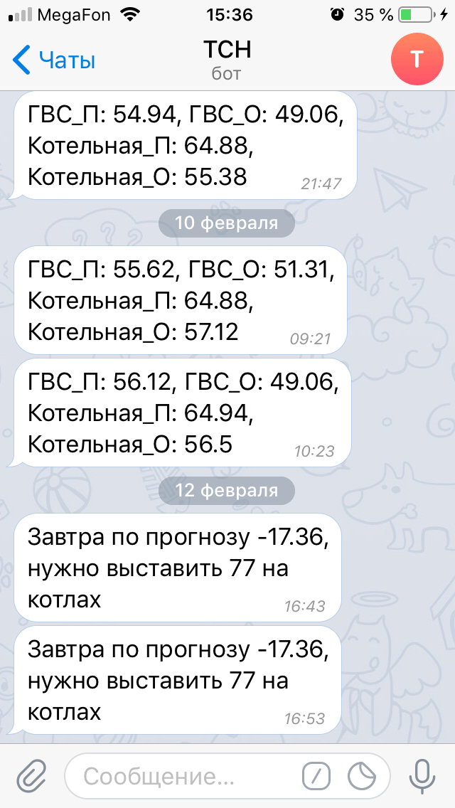 Оповещения о падении температур в котельной, которые приходят мне в Телеграм