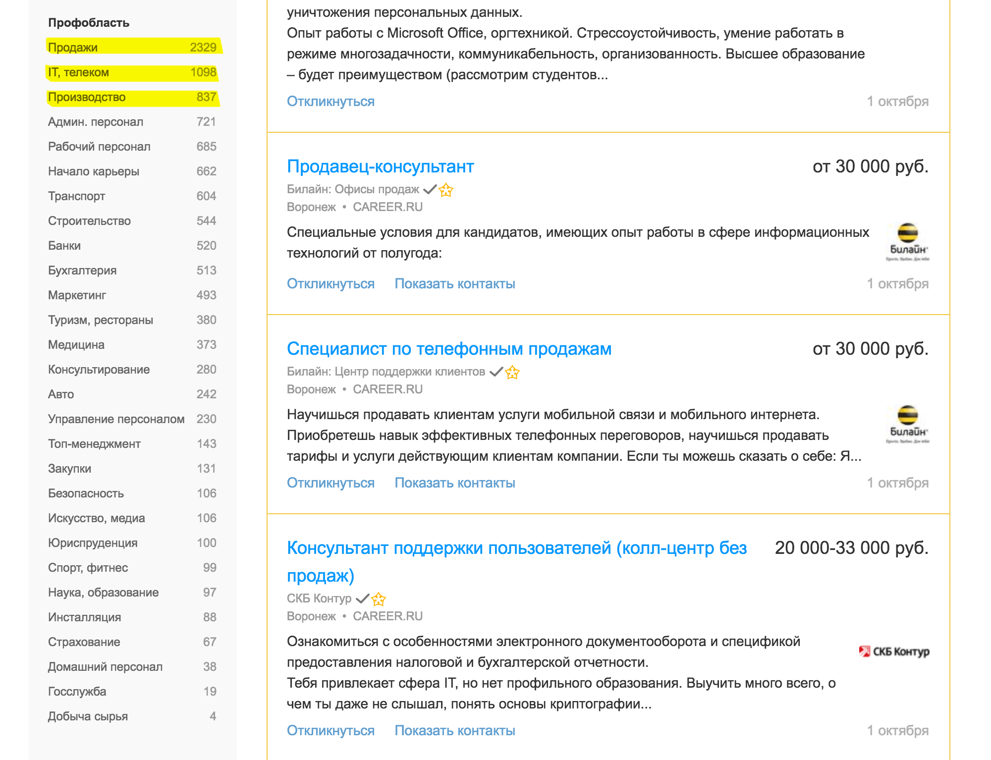 Больше всего вакансий в продажах, ИТ-компаниях и на производстве
