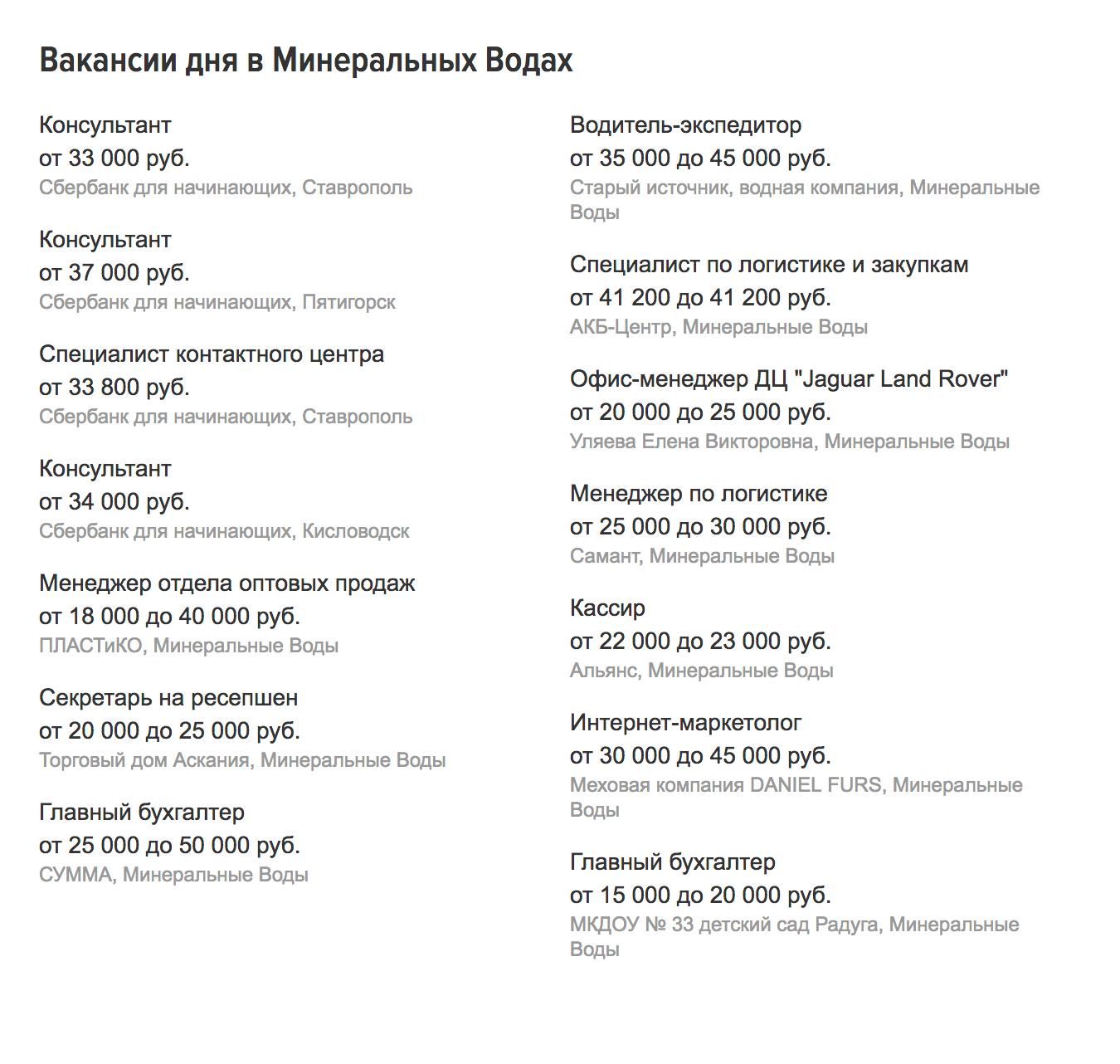 Вакансии в Минеральных Водах в январе 2019 года. Преподаватель английского получает от 20 до 30 тысяч рублей, заведующий гаражом — от 30 до 46 тысяч