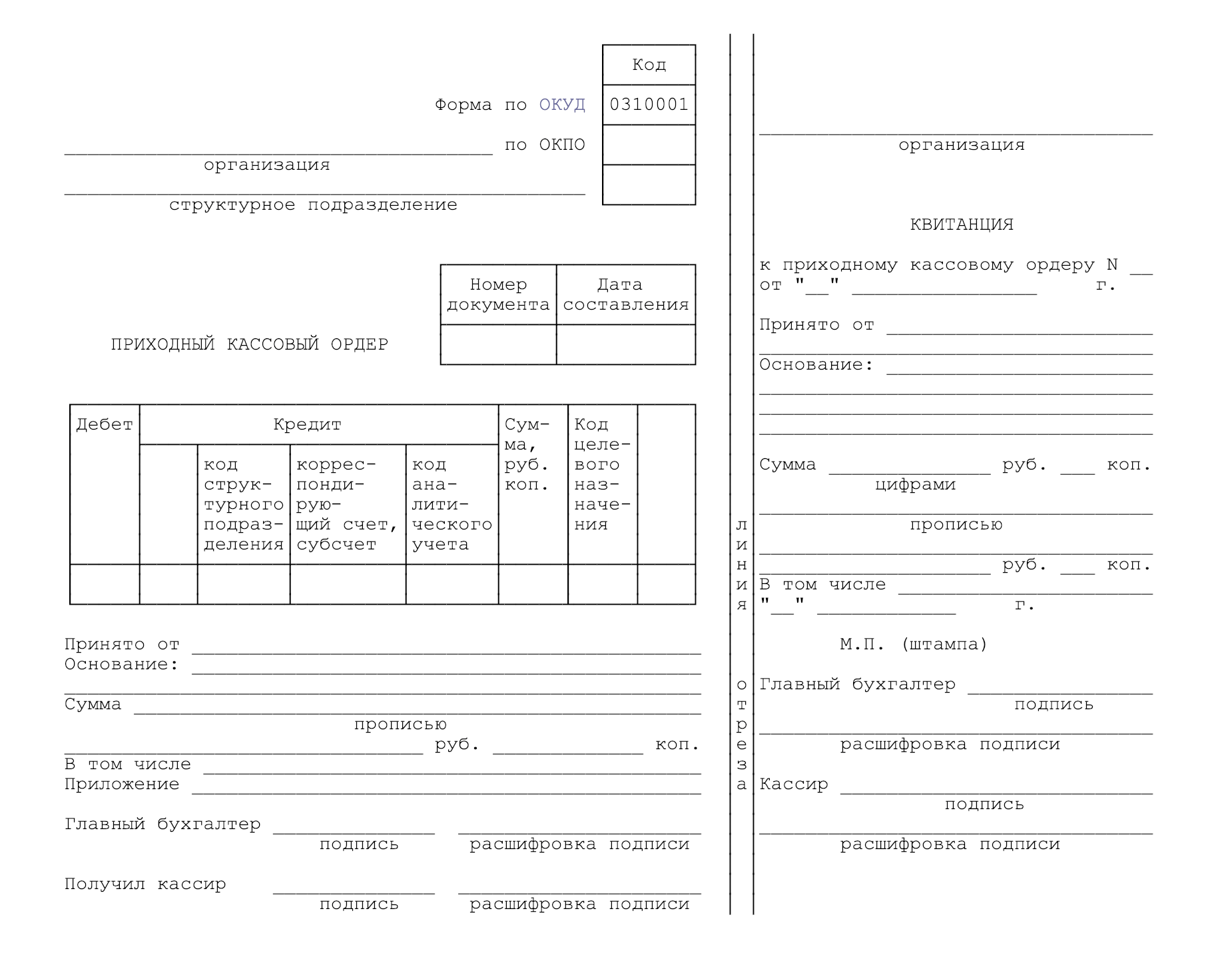 Приходно-кассовый ордер по форме 0310001. Оформляется МФО при внесении денег через кассу организации. Правая сторона отрывная. Она выдается клиенту в качестве подтверждения оплаты