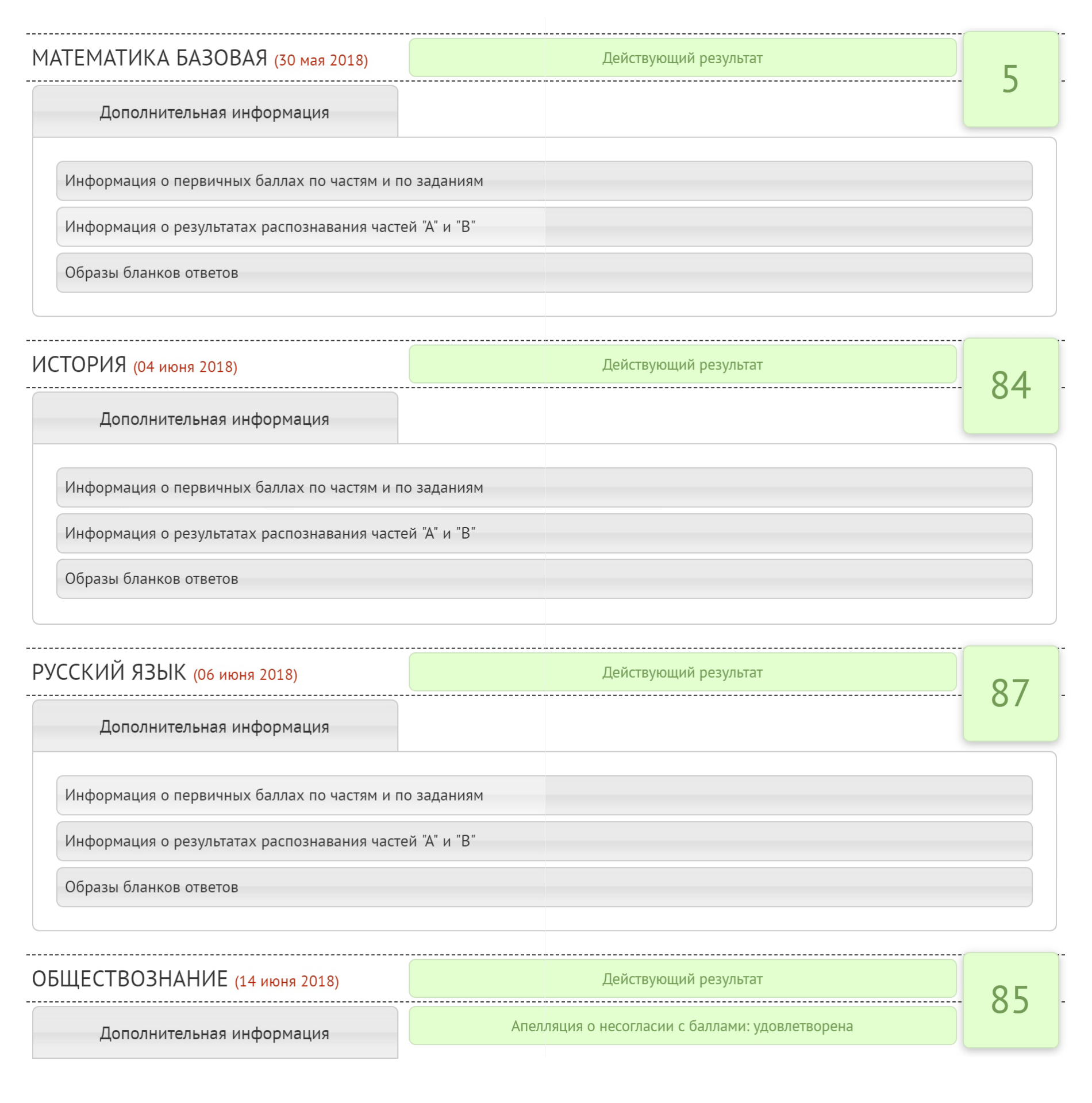 Мои результаты ЕГЭ после апелляции на сайте ege.spb.ru. В закладках — сканы экзаменационных бланков, компьютерные результаты распознавания и оценки каждой части экзамена