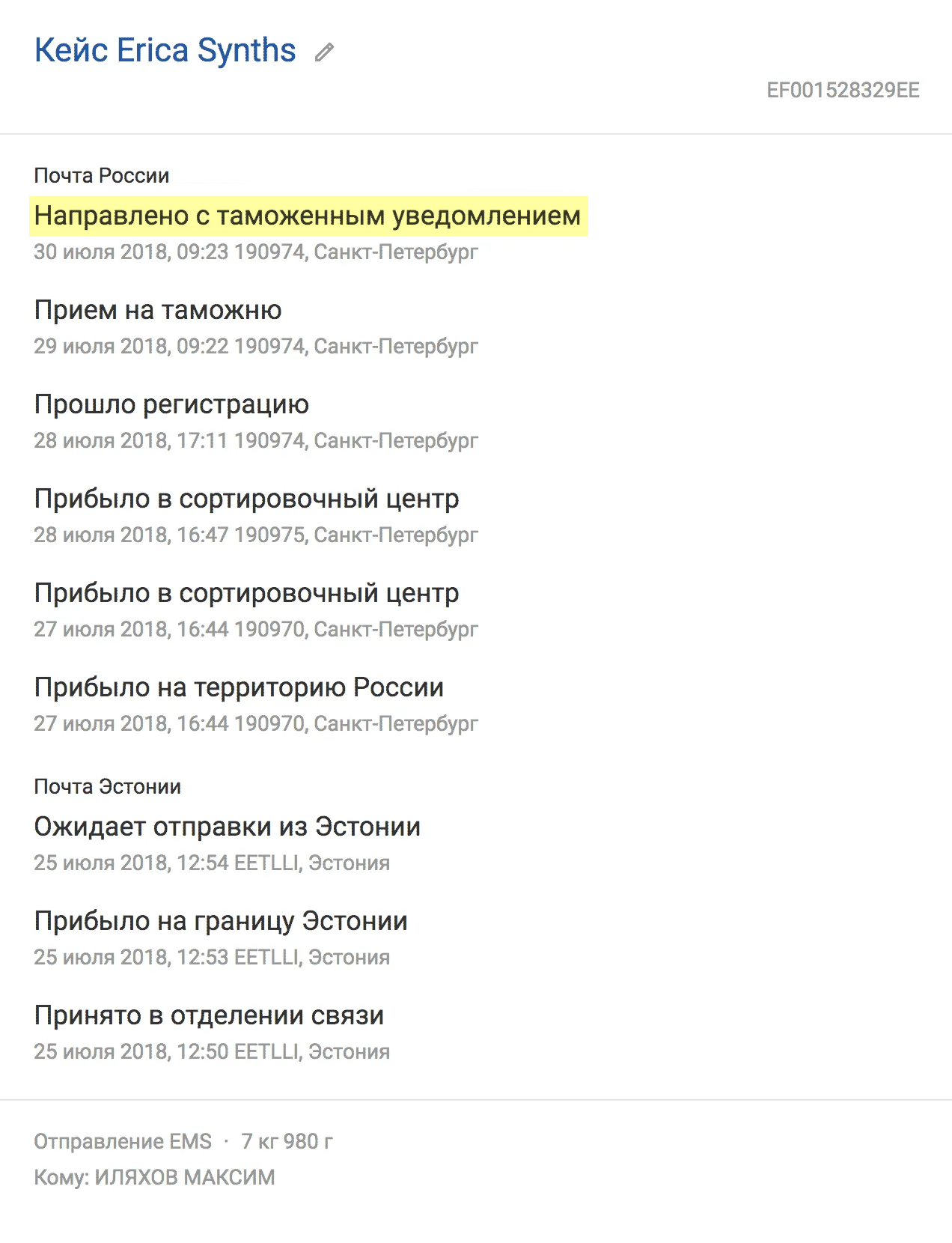 Плохо дело: по треку видно, что таможня в Петербурге направила мою посылку в Москву с уведомлением. На днях мне упадет письмо…