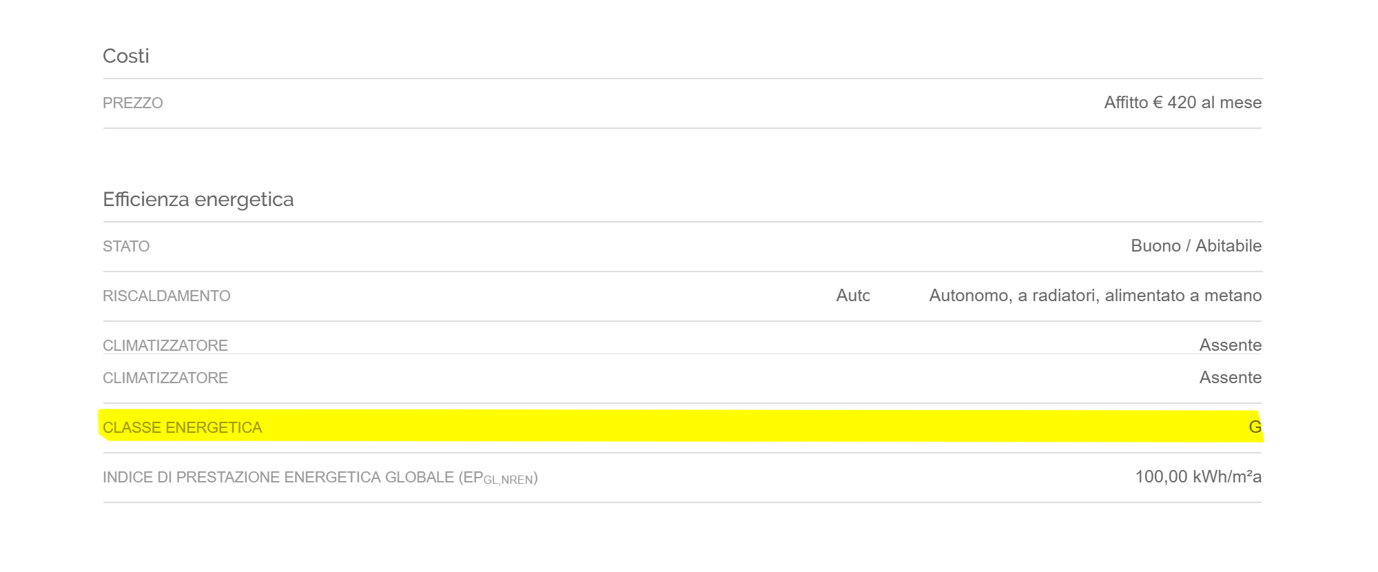 Класс энергопотребления указывают в объявлениях об аренде и продаже недвижимости. Источник: Immobiliare.it