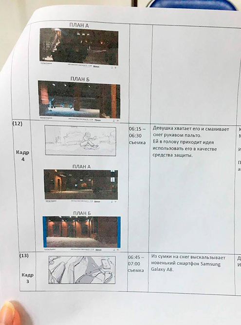 У меня осталась фотография части сценария рекламного ролика. Итоговые версии роликов сильно укоротили, многое из отснятого в них не попало