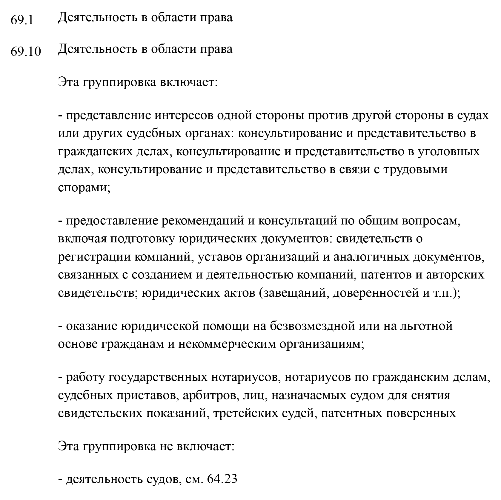 Пояснения написаны после названия кода. Деятельность в области права не включает деятельность судов