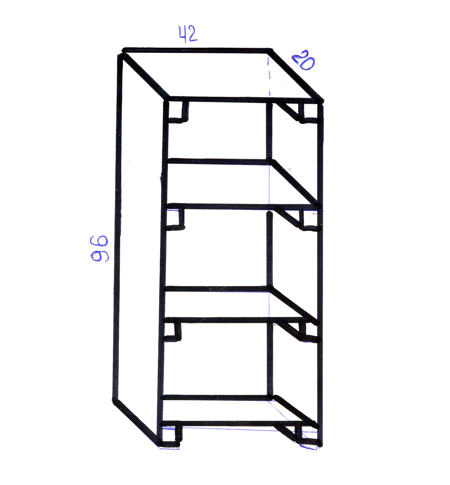 Мой схематичный чертеж мини-стеллажа. Высота — 96 см, ширина — 42 см, глубина — 20 см