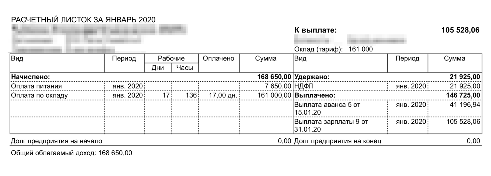 Расчетный лист за январь 2020