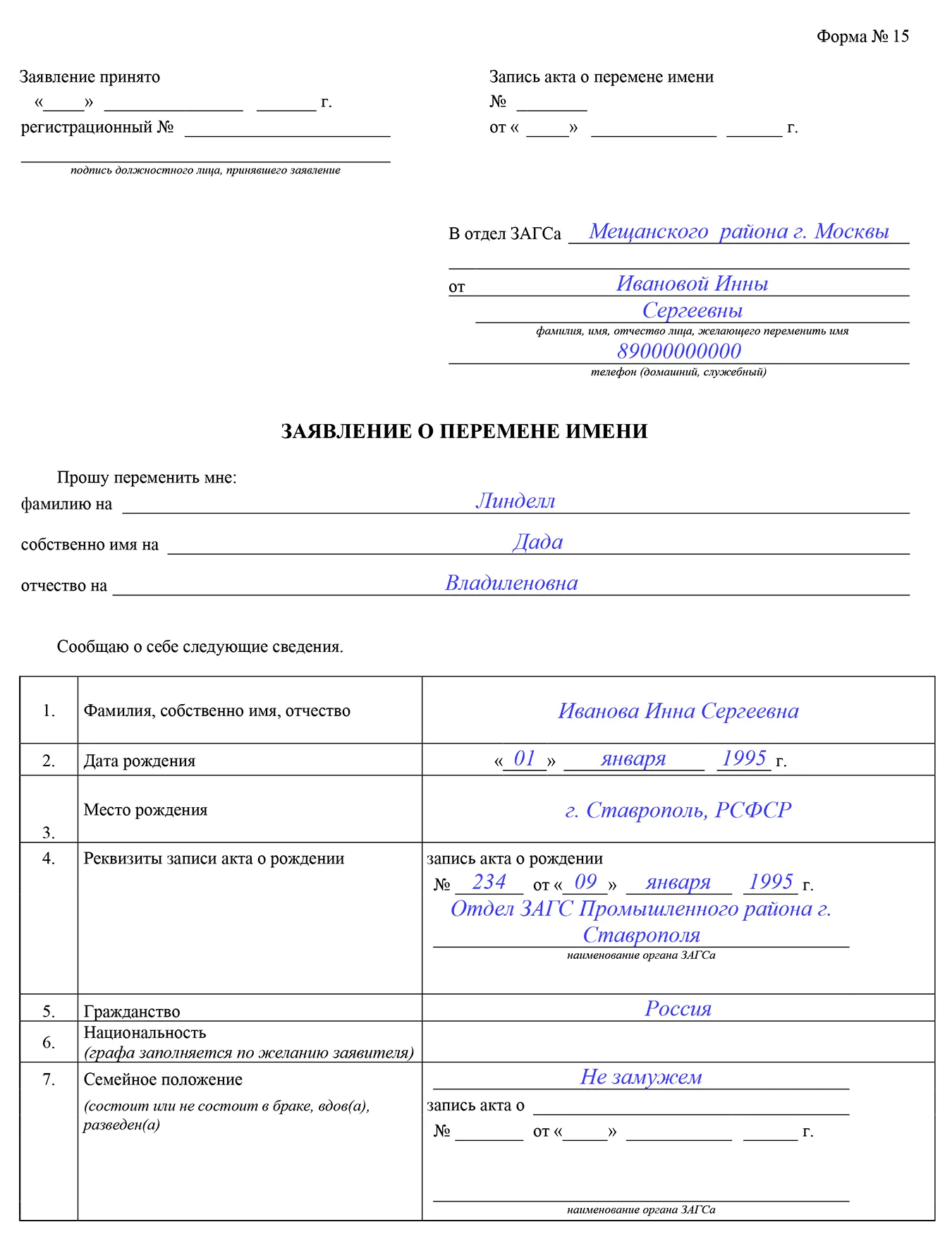 Примерно так выглядело мое заявление о смене имени. Некоторую информацию тут я выдумала: не хочу раскрывать свои персональные данные