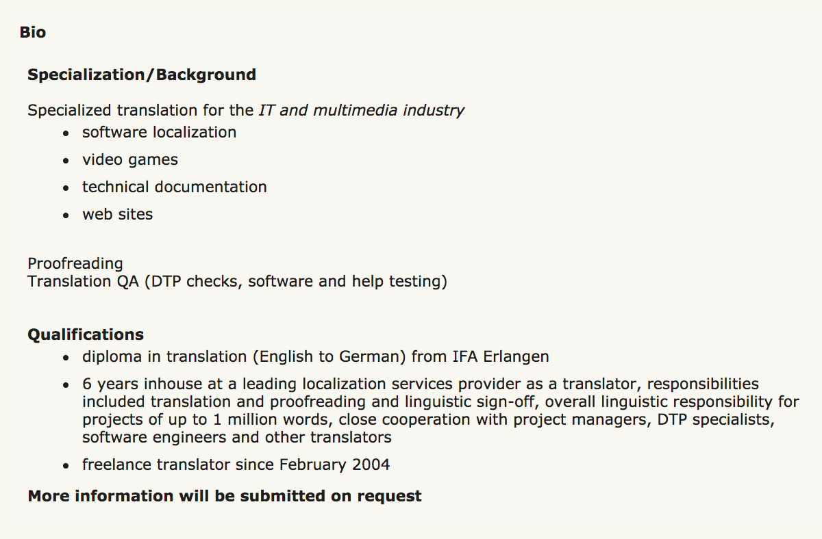 Неудачный профиль на «Прозэте»: темы указаны слишком широко, не перечислены конечные клиенты, список должностей ничего не говорит о квалификации переводчика