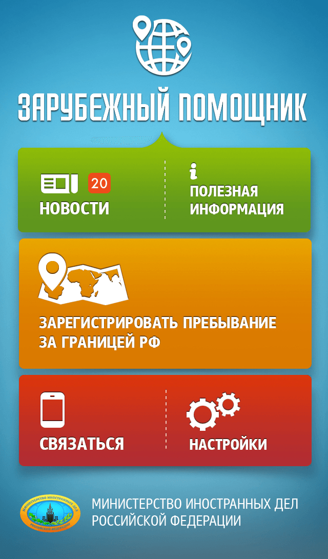 В приложении можно узнать полезную информацию о стране, в которой вы находитесь, и найти ближайшее посольство или консульство, используя геолокацию