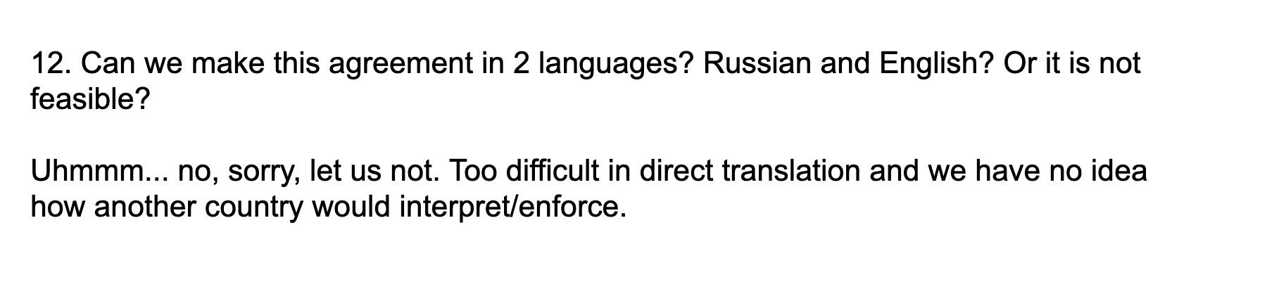 Адвокат отговорил подписывать договор на русском и английском языках из-за сложности перевода