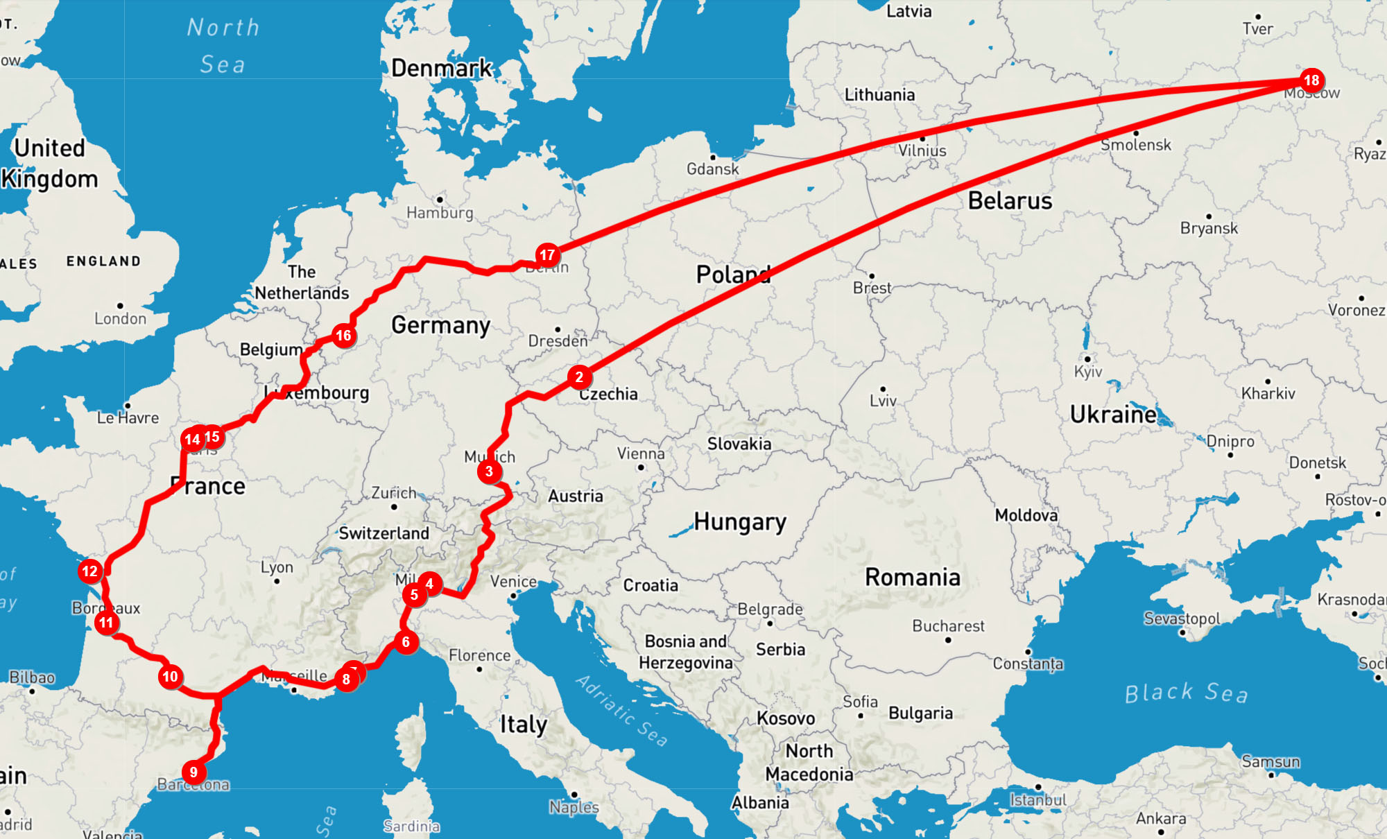 Схема маршрута Москва — Барселона — Москва. Самые длинные расстояния — между Москвой и Варшавой. Дальше в Европе все рядом