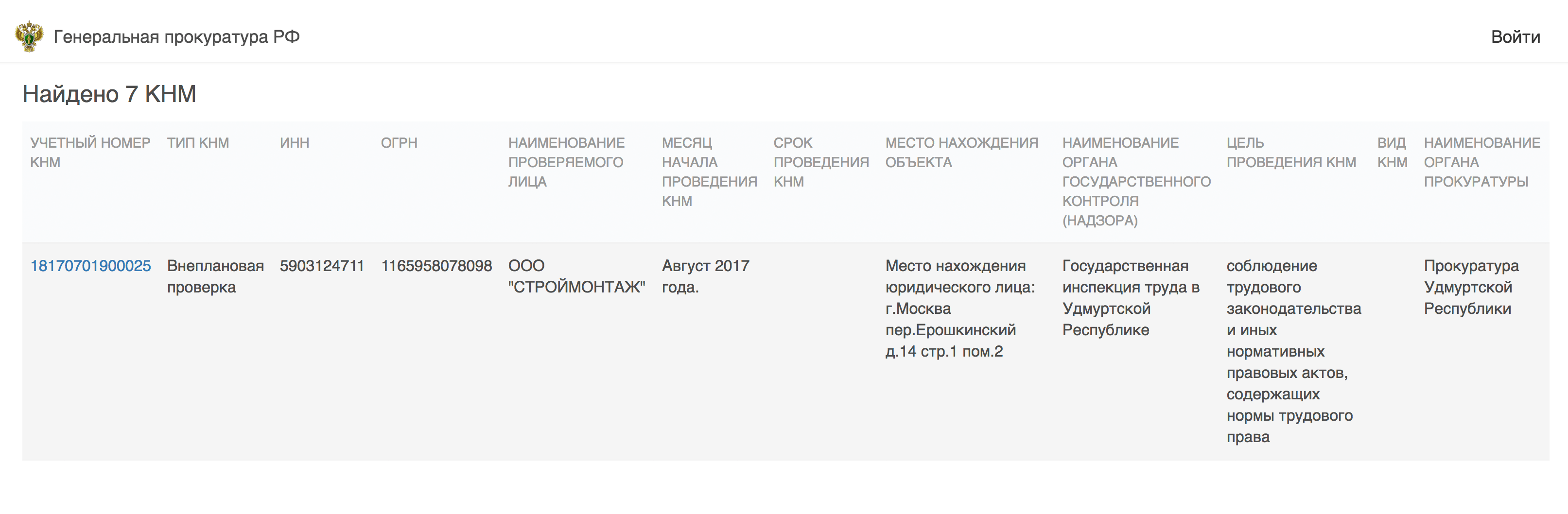 Данные о проверке компании в едином реестре проверок на сайте прокуратуры