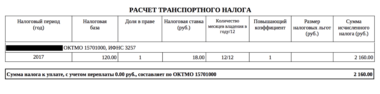 Таблица с расчетом налога на транспорт из налогового уведомления.