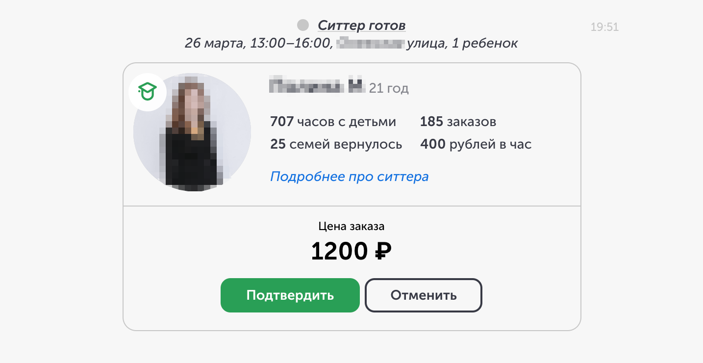 Такое сообщение появляется в личном кабинете, когда исполнитель откликается на объявление. 1200 ₽ за 3 часа — мне подходит