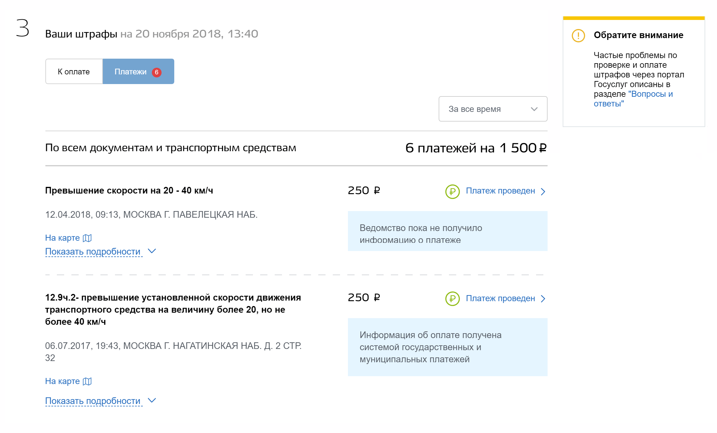 По каждому штрафу есть подробная информация: дата, время, адрес и характер правонарушения. Для оплаченных штрафов указаны дата, сумма и способ оплаты