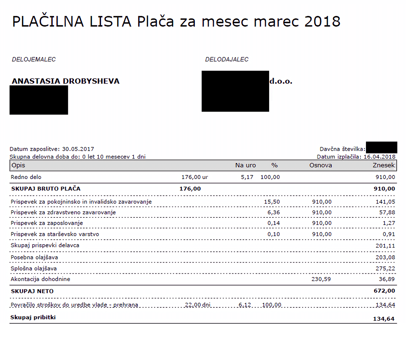 Это моя платежная ведомость за март 2018 года. Здесь видно 4 вида отчислений, которые я плачу со своей зарплаты, а также льготы по подоходному налогу и компенсацию питания