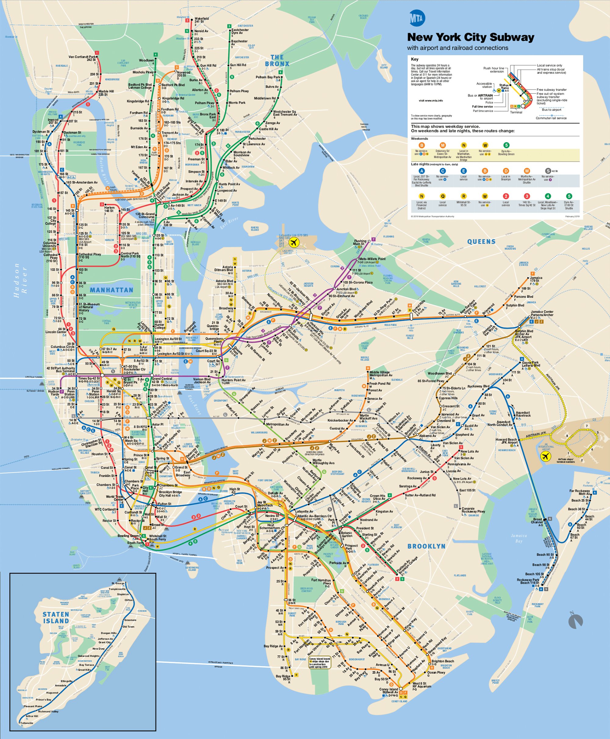 На карте белыми точками обозначены станции, на которых останавливаются все поезда. Черными — остановки только местных поездов. Экспрессы эти станции пропускают. Карту метро и автобусов можно скачать на сайте транспортной компании MTA