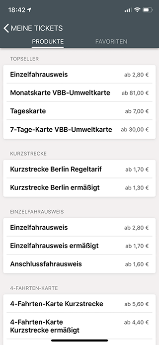 Неполный список всех возможных билетов в официальном приложении берлинского транспорта