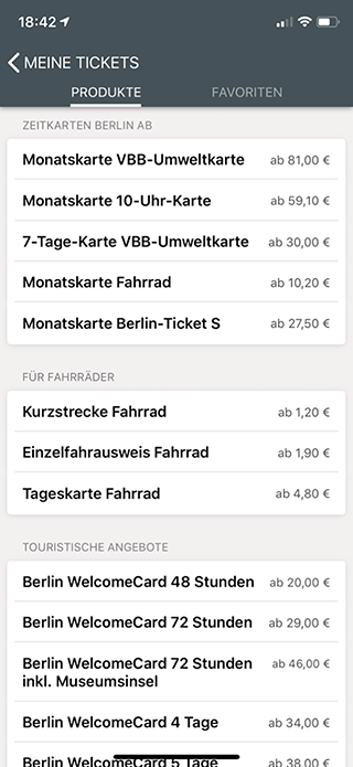 Неполный список всех возможных билетов в официальном приложении берлинского транспорта