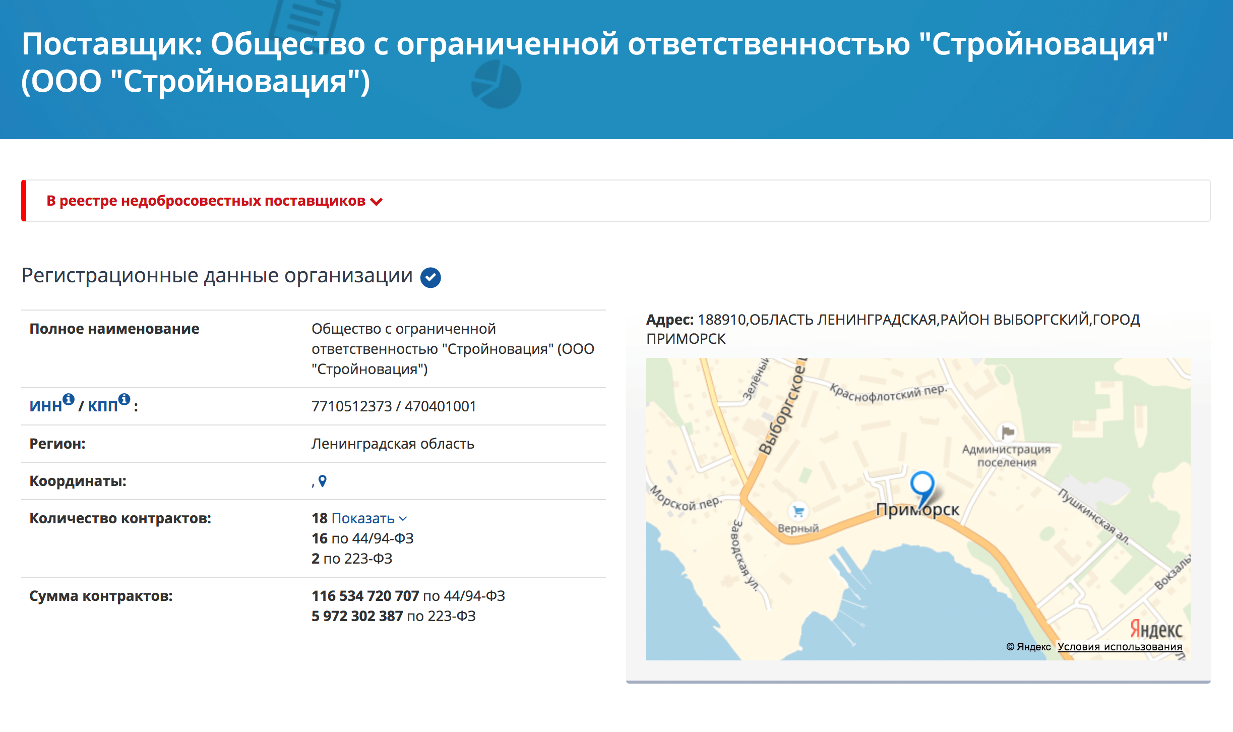 Компания находится в реестре недобросовестных поставщиков