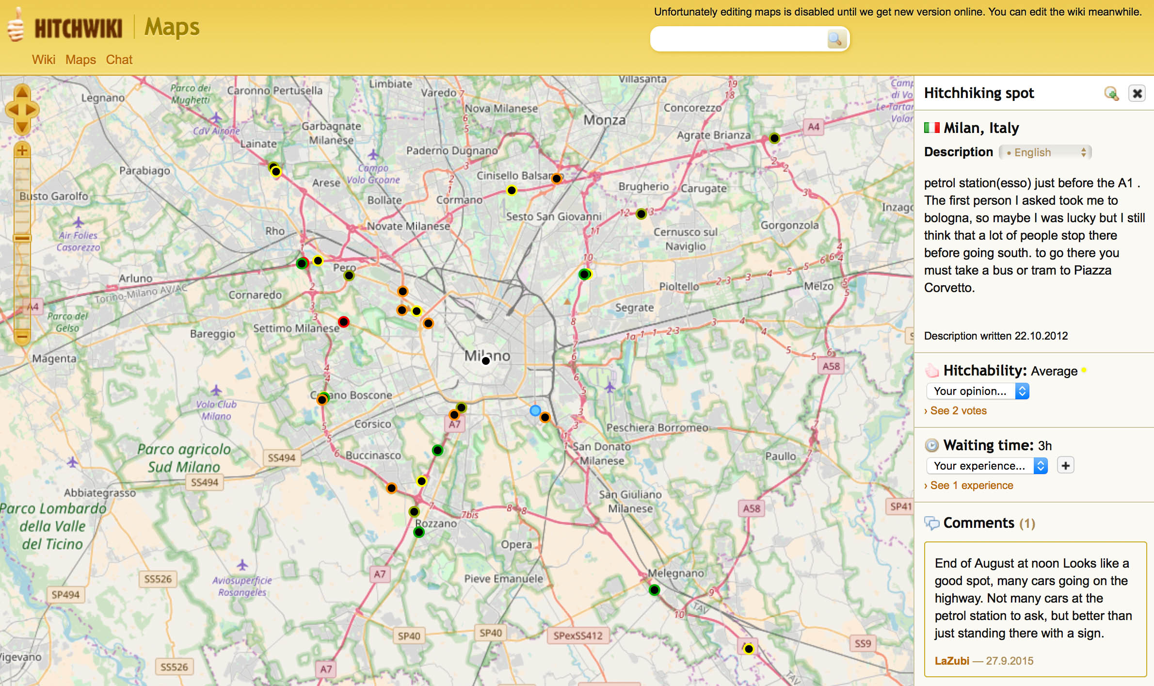 Карта выездов из Милана с комментариями автостопщиков. Зелеными точками обозначены удачные места для автостопа, а красными — неудачные