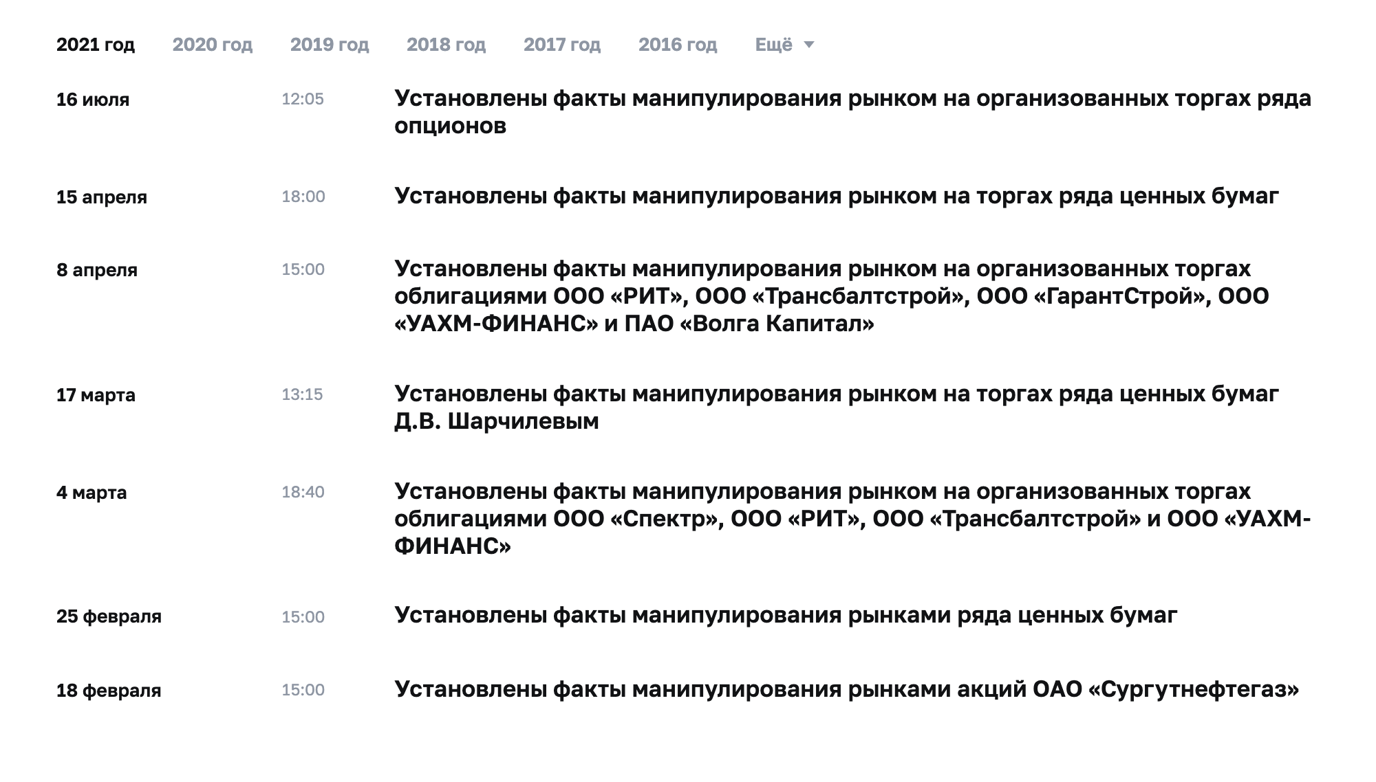 Если ЦБ обнаруживает факты манипулирования рынком, чаще всего он направляет нарушителям предписание, чтобы больше они так не делали. А в некоторых случаях передает дела в правоохранительные органы. Источник: ЦБ РФ