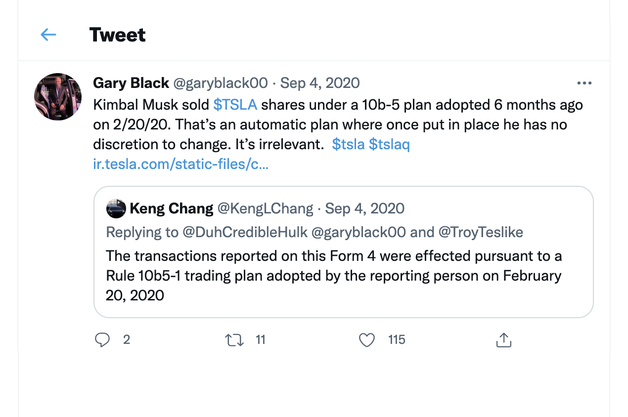 Гари Блэк, директор по инвестициям в акции в «Голдман-сакс», объясняет, почему не стоит воспринимать негативно информацию о продаже акций «Теслы» Кимбалом Маском. 20 февраля 2020 года Кимбал Маск подписал автоматический план продаж акций. Источник: «Твиттер»