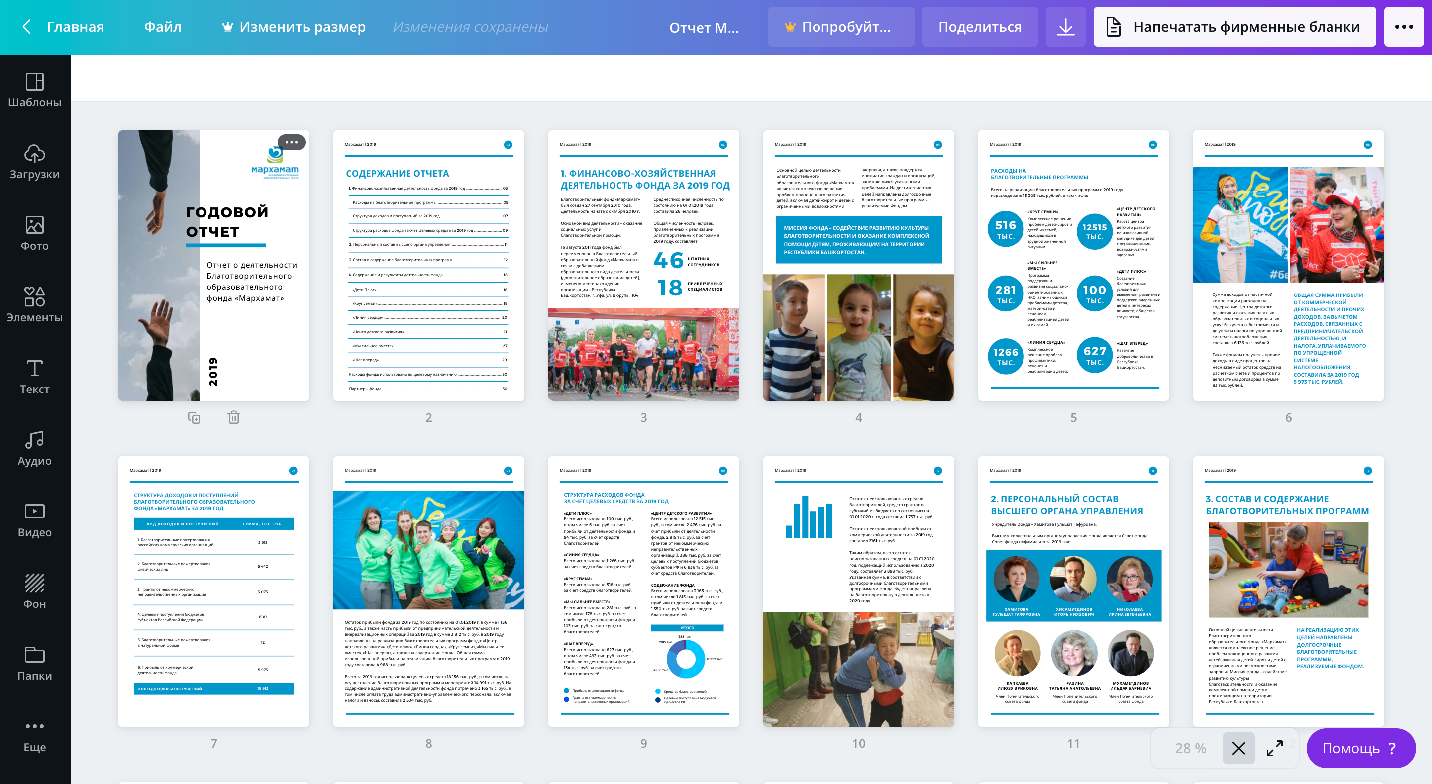 Это отчет для фонда «Мархамат» на 36 страниц, который я сверстала. В отчете вся информация о деятельности некоммерческой организации за 2019 год: от описания благотворительных программ до указания всех расходов