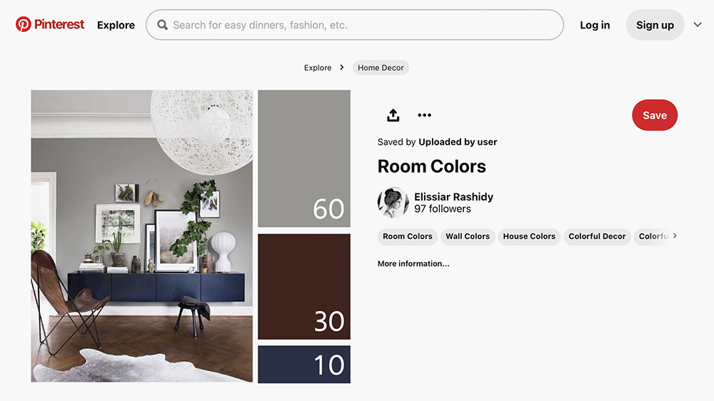 Чтобы понять, как палитра 60/30/10 будет выглядеть в реальности, можно найти пример в «Пинтересте»