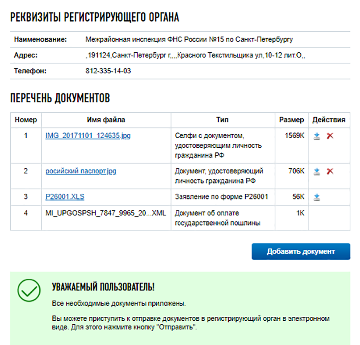 Загрузила нужные документы: скан паспорта, селфи с паспортом, заявление по форме Р26001 и подтверждение уплаты госпошлины