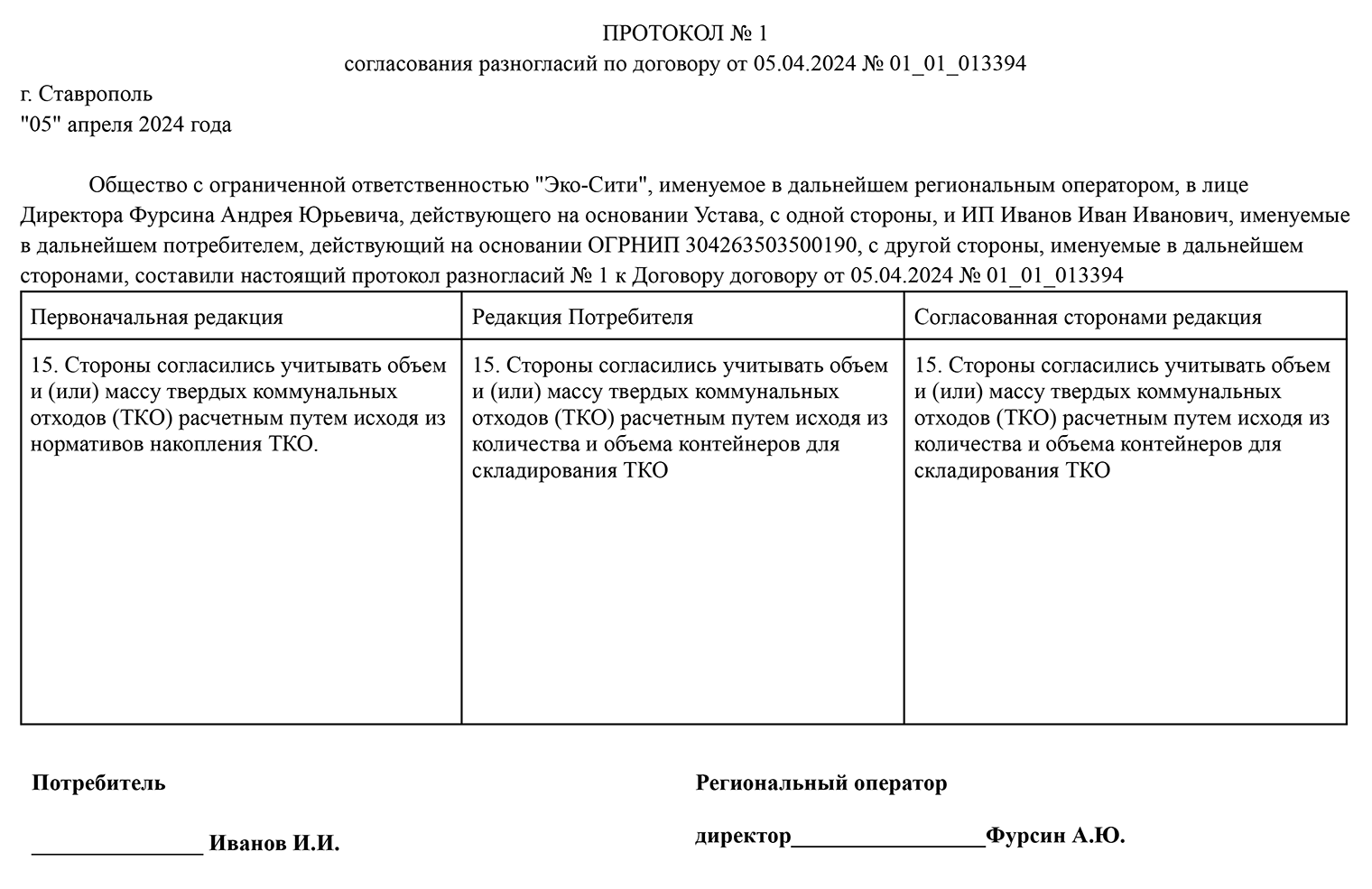 Пример протокола, где предприниматель настаивал на заключении договора по объему контейнеров