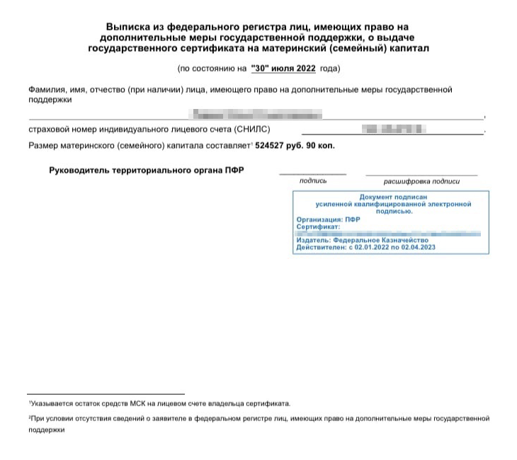 Выписку об остатке маткапитала я получила через госуслуги